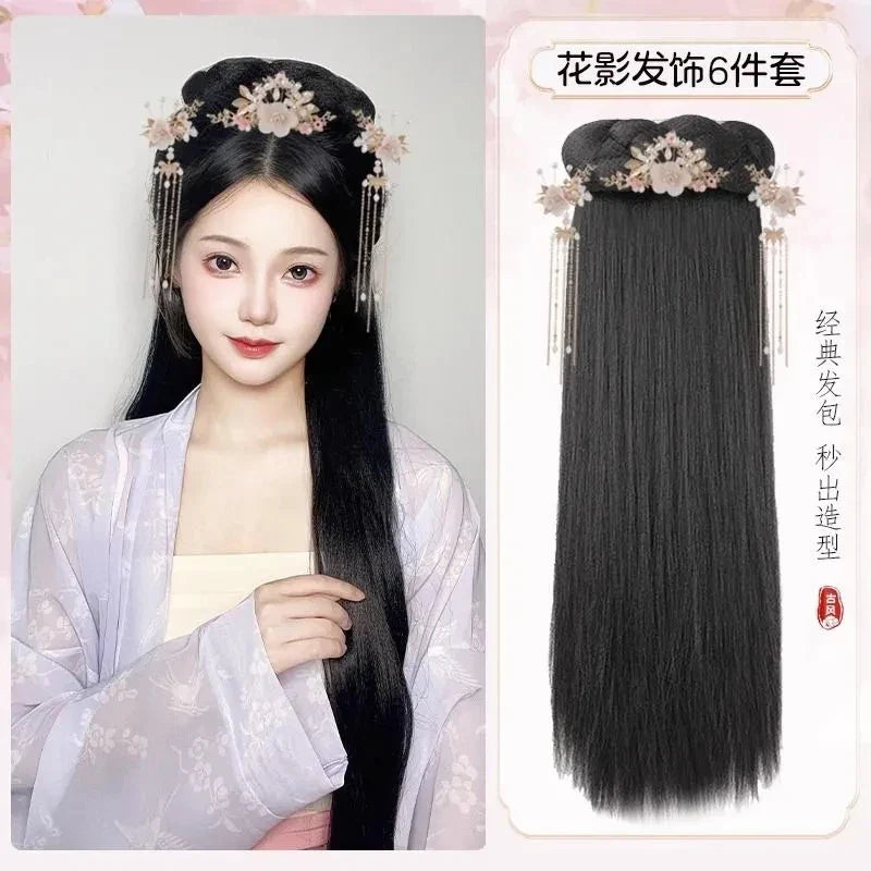 Hanfu Cosplay Wigs Women Black Anime Ancient Chinese Hanfu Wigs Headgear Accessories Hanfu Long Straight Wigs Black Wig Headband