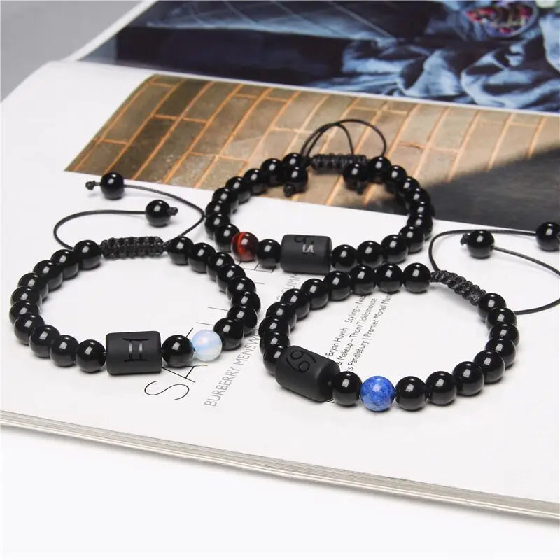 Handmade 12 Zodiac Sign Constellation Horoscope Beads Braided Bracelet Natural Stone Beads Bracelet Birthday Gift for Women Men