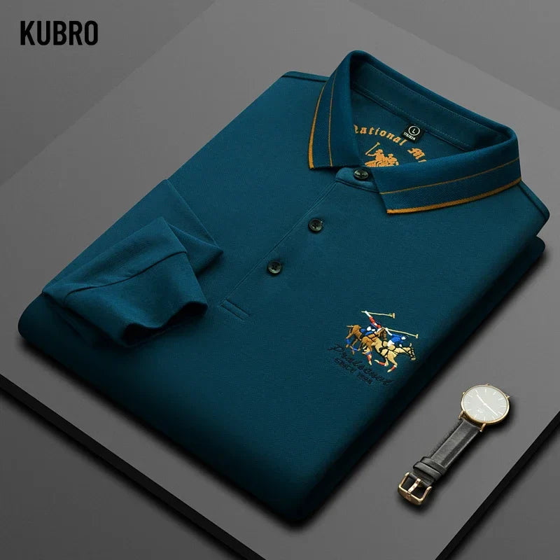 KUBRO Men's High Quality Embroidery Brand Plaid Long Sleeve Polo Shirt New 2023 Winter Korean Version Slim Fit Fashion Polo Top