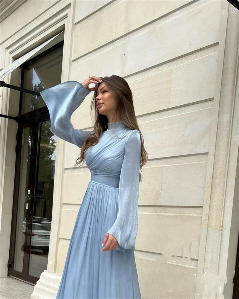 High Collar Chiffon Evening Dress A-line Sky Blue Prom Dress Long Sleeves Pleated Formal Occasion Evening Dresses For Women