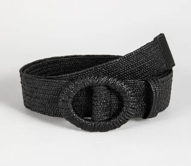 Bohemian Style Hand-woven Black and White Round Buckle Women Belts Designer Woven Elastic PP Straw Grass Girls Waistband