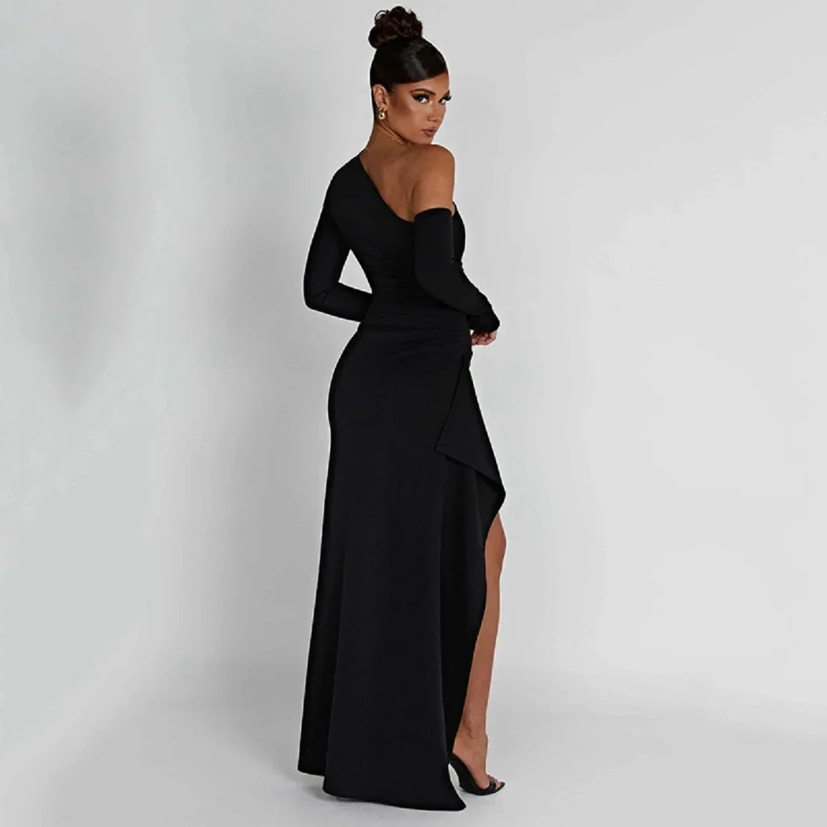 European and American Women's New Long Sleeve Oblique Neck Dress Fashion Sexy Open Back High Split Dress Long Dress