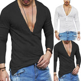 Mens Plain Slim Fitness Long Sleeve T-shirt Deep V Neck Button Tops Muscle Tee Blouse See Through Shirts Male Casual Tees Tops