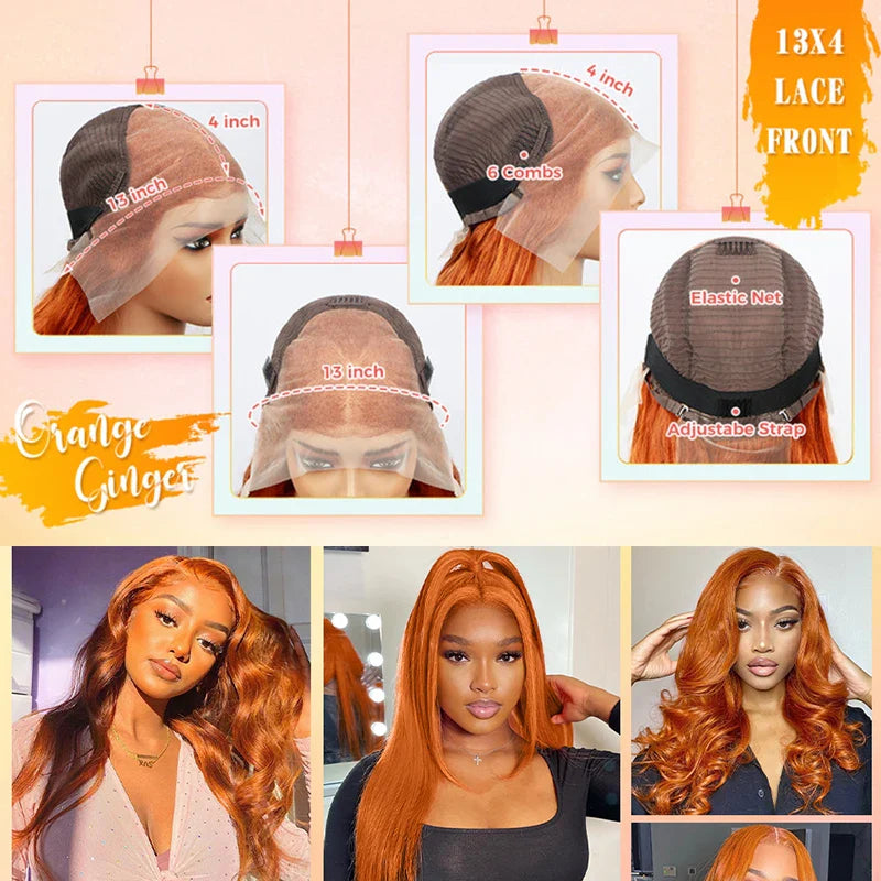 Ginger Orange 13x6 Lace Front Wigs Human Hair Bone Straight 13x4 4×4 Human Hair Lace Frontal Wigs Transparent Lace Wig For Women