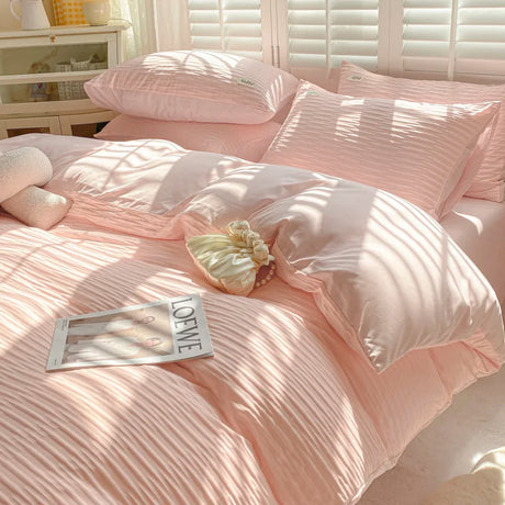 Seersucker Bedding Set Duvet Cover Flat Sheets Pillowcase Bed Sheet Set Soft Comforter Cover Bed Linens Set Nordic Ins Style