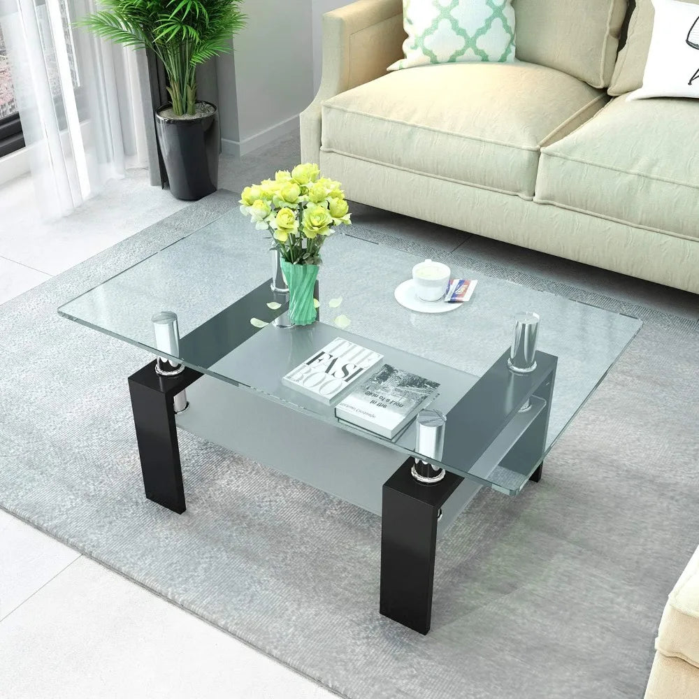 Rectangle Glass Coffee Table-Modern Center Side Coffee Table with Lower Shelf Black Metal Legs-Suit for Living Room (Black)