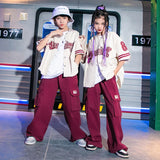 Kids Hip Hop Clothing Girl Letter Print Jacket Baseball Uniform Burgundy Casual Jogger Pant 2pcs Kpop Clothes Performance Outfit