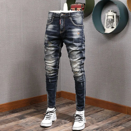 Fashion Streetwear Men Jeans Retro Black Blue Elastic Slim Fit Ripped Jeans Men Spliced Designer Embroidery Hip Hop Denim Pants