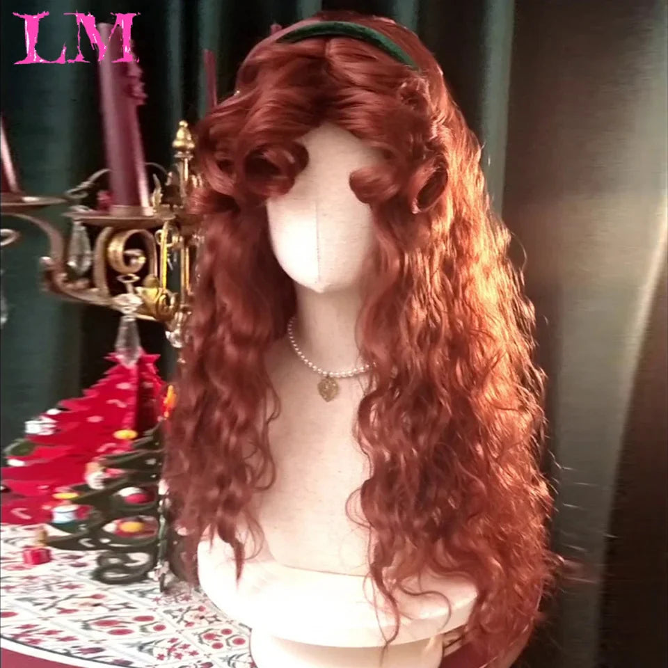 LM Red Brown Copper Ginger Short Curly Synthetic Wigs for Women Natural Wave Wigs with Bangs Heat Resistant Cosplay Hair