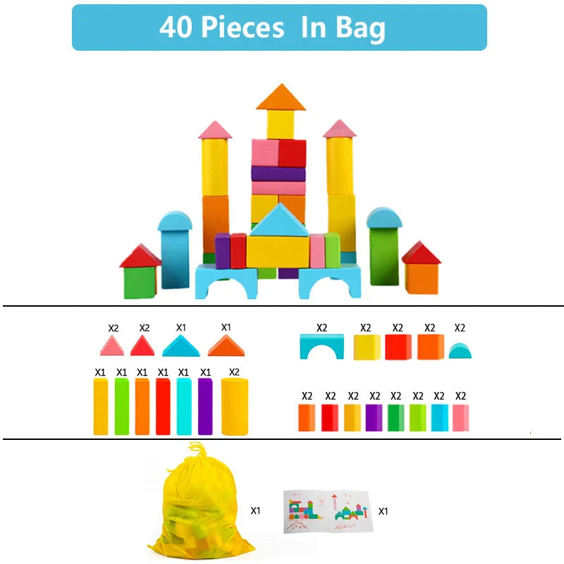 Wooden Building Blocks Set with Storage Bag Wooden Toys for Kids Assembled Building Blocks Early Educational Toys for Children