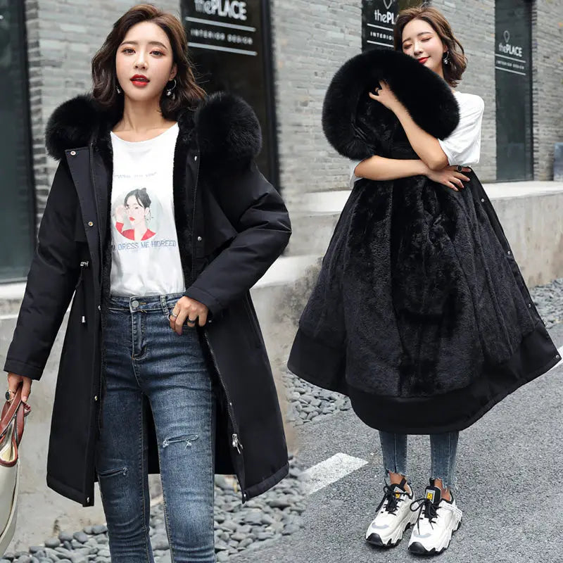 2023 New Winter Jacket Women Parka Fashion Long Coat Wool Liner Hooded Parkas Slim With Fur Collar Warm Snow Wear Padded Clothes