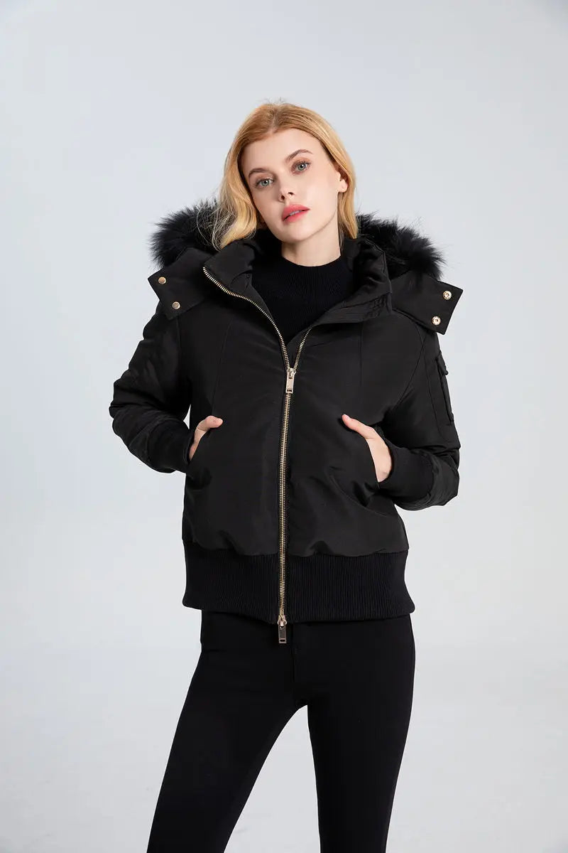 AS 2023 winter fashion woman bomber coat filled down Adult jacket with nature fur metal gold zipper