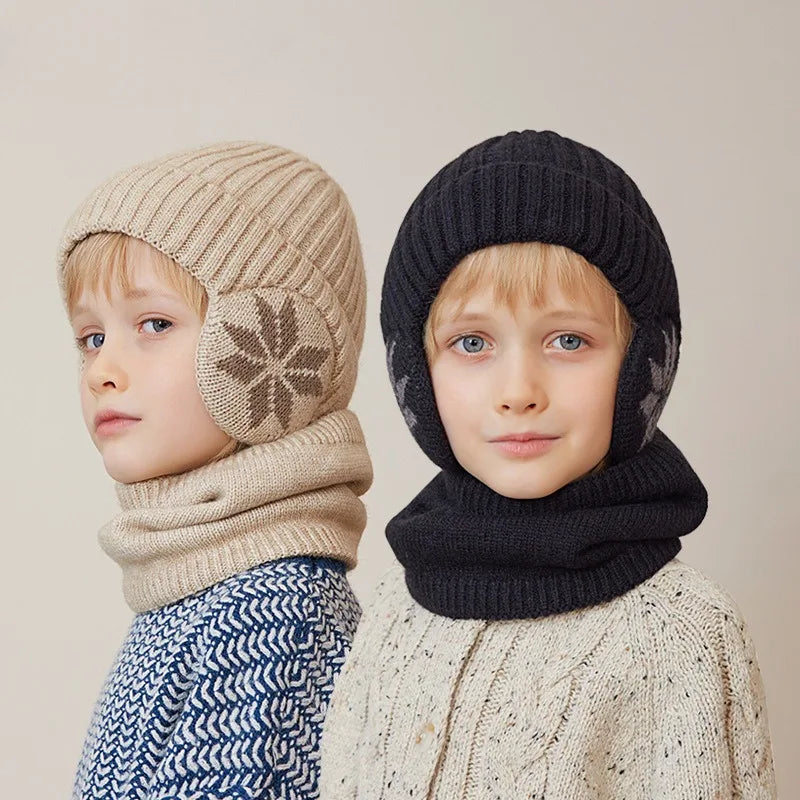 Children Hat Scarf Set Kids Beanie Caps Knitted Scarf Cap Ear Protection Winter Fleece Warm Scarf Hat for Baby Boys Girls 4-10Y