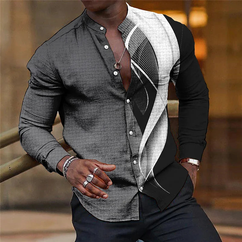 Shirt Men Lapel Stand Collar Fashion Casual Blue Purple Geometric Outdoor Street Party High Quality Fabric 2023 New Plus Size