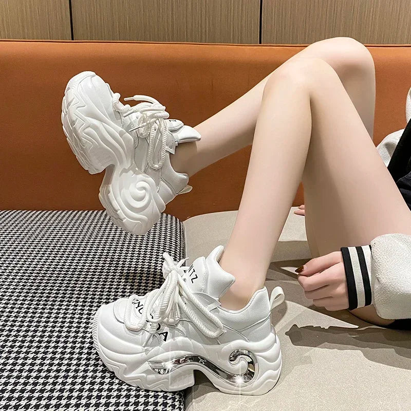 Bling Women High Platform Casual Leather Shoes 2023 New Autumn Lace-up Chunky Sneakers Wedges Hidden Heels Leisure Shoes Woman