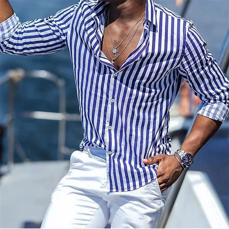 Men's button-up shirt casual business spring and summer large size long-sleeved striped print work daily vacation shirt