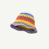 New Colorful Striped Knitted Hat for Women Spring Summer Sunscreen Bucket Hats Girls Sweet Casual Cap Beach Vacation Straw Hat