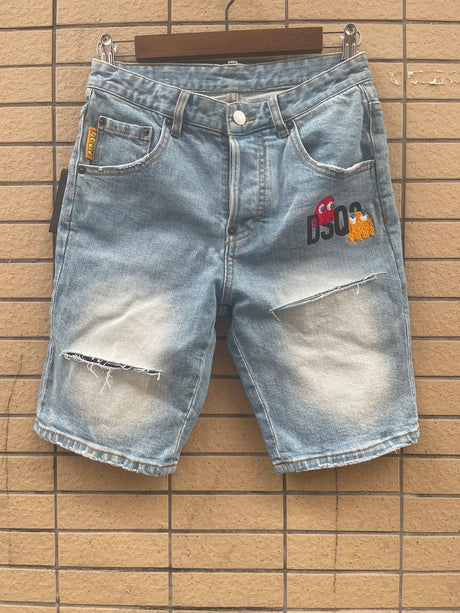 2024 Spring/Summer New D2 Jeans Men's Shorts Fashion Slim Fit Water Wash Hole Patch Embroidery Capris