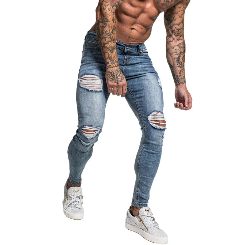 GINGTTO Jeans Men Elastic Waist Skinny Jeans Men 2020 Stretch Ripped Pants Streetwear Mens Denim Jeans Blue