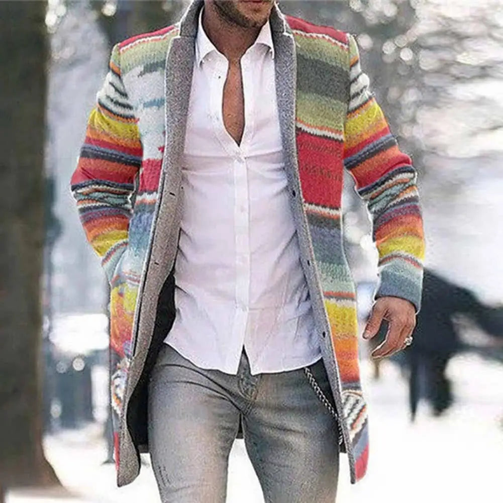 Durable Overcoat Men Skin-friendly Polyester Autumn Winter Rainbow Stripes Overcoat  Coat Open Front