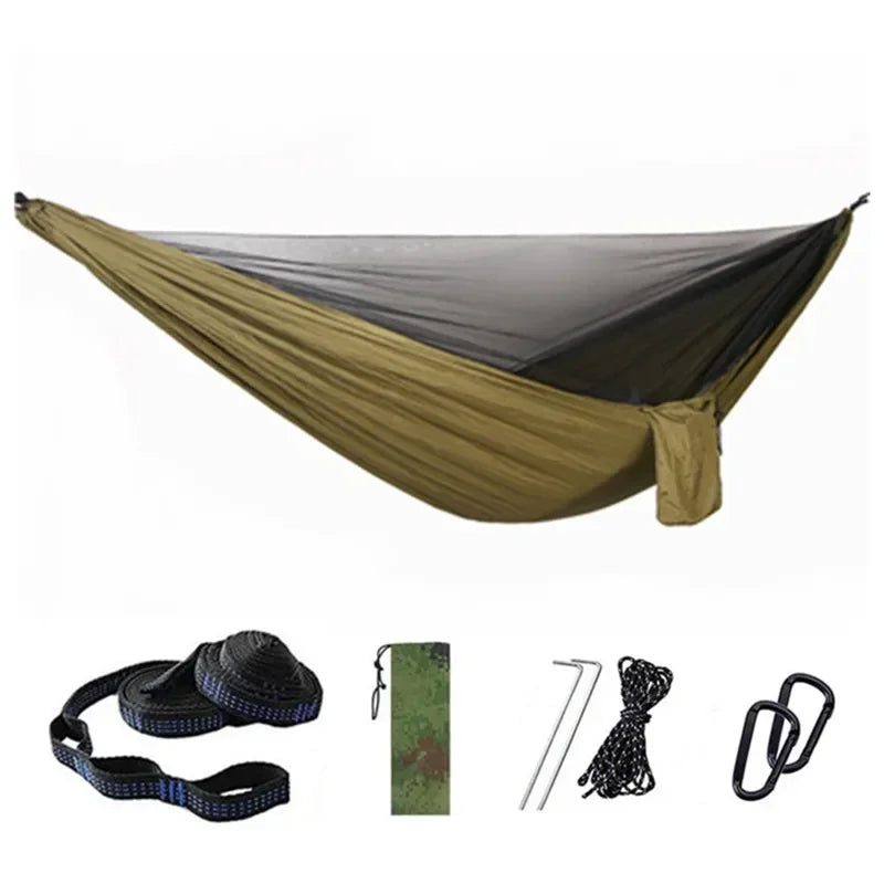 Double Travel Camping Hammock with Mosquito Net,Backpacking Portable Parachute 5+1 Ring Strap Hammock