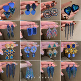 Long Retro Blue Flower Feather Tassel Dangle Earrings for Women 2022 Fashion Crystal Drop Earring Vintage Brincos Jewelry