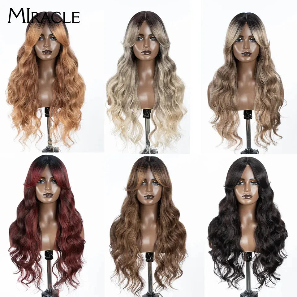 MIRACLE Synthetic Lace Front Wigs For Women Long Wavy 36 Inch Body Wavy Side Part Lace Front Wig Ombre Brown Blonde Cosplay Wig