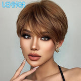 Lekker Wear and Go Short Pixie Cut Straight Bob Human Hair Wig With Bangs For Black Women Brazilian Remy Hair Natural Brown Wigs