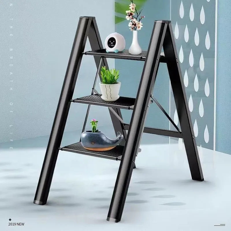 3 Step Folding Step Stool Anti-slip Wide Pedal 330lbs Aluminum Alloy Multifunction Step Ladder Storage Shelf Flower Pot Stands