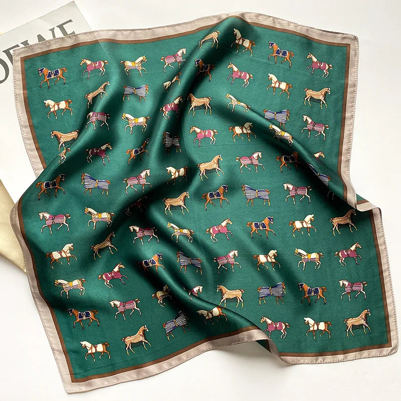 Silk Square Scarf Women 100% Real Luxury Brand Horse Print Neckerchief Female Hair Hand Bag Wrist Foualrd Scarves Bandana