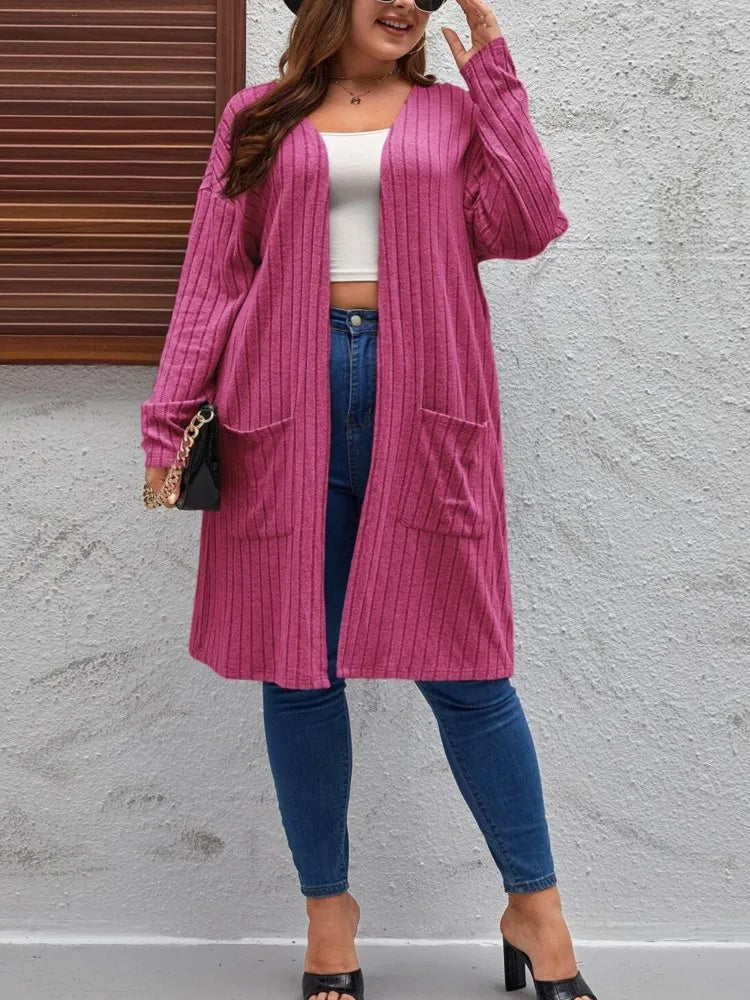 Plus Size Spring Autumn Midi Knitted Cardigan Women Casual Fashion V-Neck Ladies Cardigan Long Sleeve Loose Woman Sweater Coats