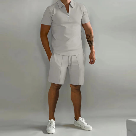 Summer New Solid Color Men's Sets High Street POLO Collar Short Sleeve Zip Fastener Pullovers Elastic Waist Pockets Y2K Shorts