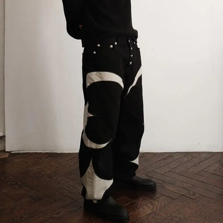 New Y2k Men Black Baggy Jeans Spliced Leather High Street Loose Straight Casual Trousers Hip Hop Harajuku Pants Streetwear