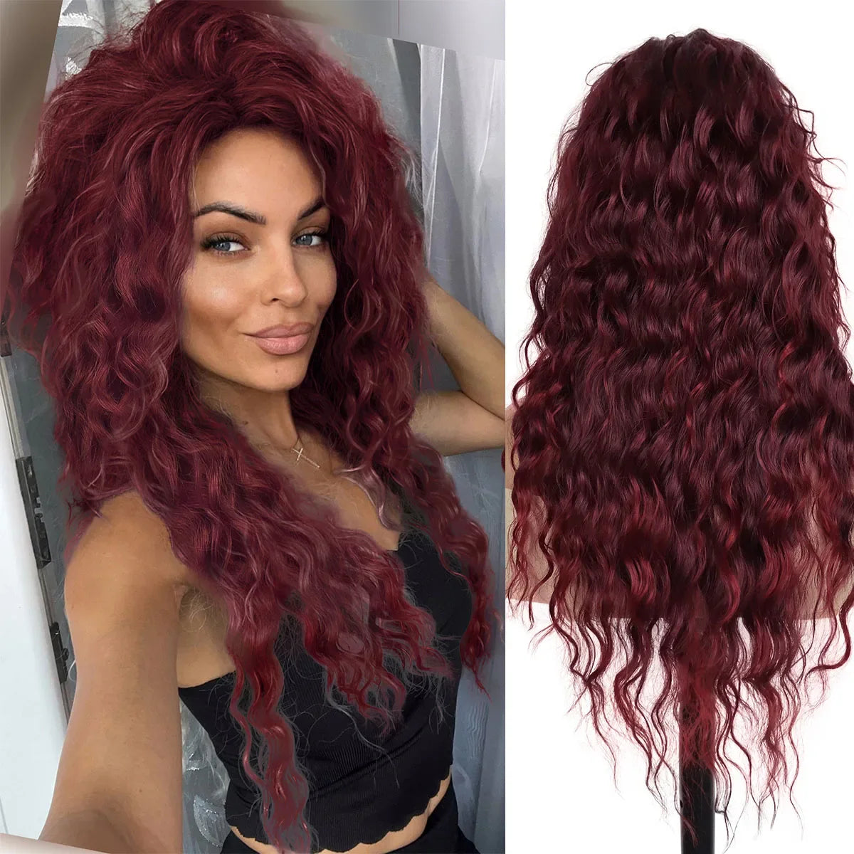 GNIMEGIL Synthetic Long Wave Wig for Woman Natural Brown Wig with Clip Free Part Side Bangs 80s Curly Wigs for Women Ombre Wig