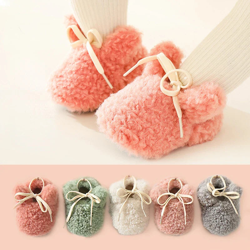 Toddler First Walker Socks Solid Color Tethered Leg Warmer Baby Shoes Winter Warm Fleece Floor Socks Anti-skid Cotton Soft Soles