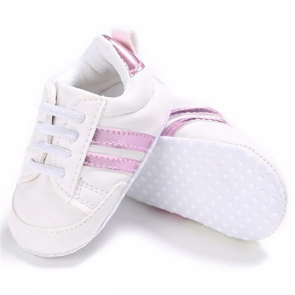 Baby Shoes Newborn Boys Sneaker Girls Two Striped First Walkers Kids Toddlers Lace Up PU Leather Soft Soles Sneakers 0-18 Months