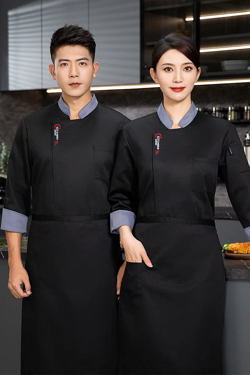 Men Long Sleeve Chef uniform Restaurant chef jacket with apron Cook Coat Chef T-shirt Work Uniform Waiter Hotel Clothes Logo