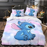 Disney Stitch Cartoon 3D Printed Bed Sheets Three-piece Children's Home Textile Set Quilt Cover Pillowcase