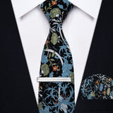 Yourties Men's Cotton Champagne Necktie with Clip Pocket Square Set for Wedding Business Causal Blue Floral Print Tie for Man