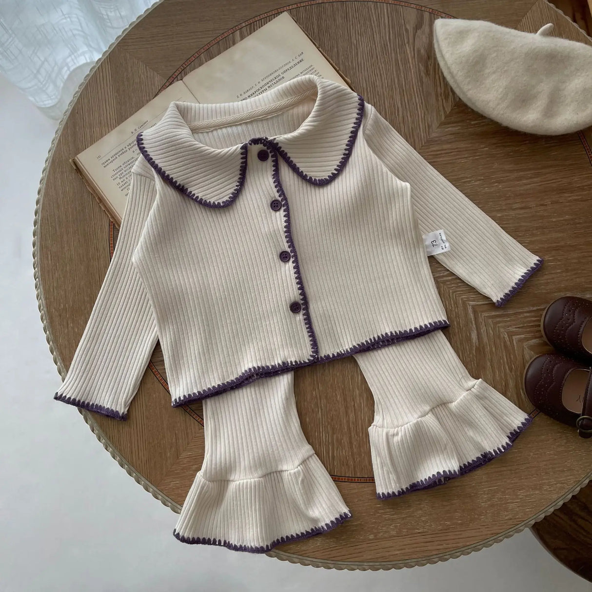 7467 Baby Clothing Set 2023 Autumn Infant Shell Knitted Split Suit Contrast Cardigan+ Bell Bottoms Casual Girl's Two-piece Suit