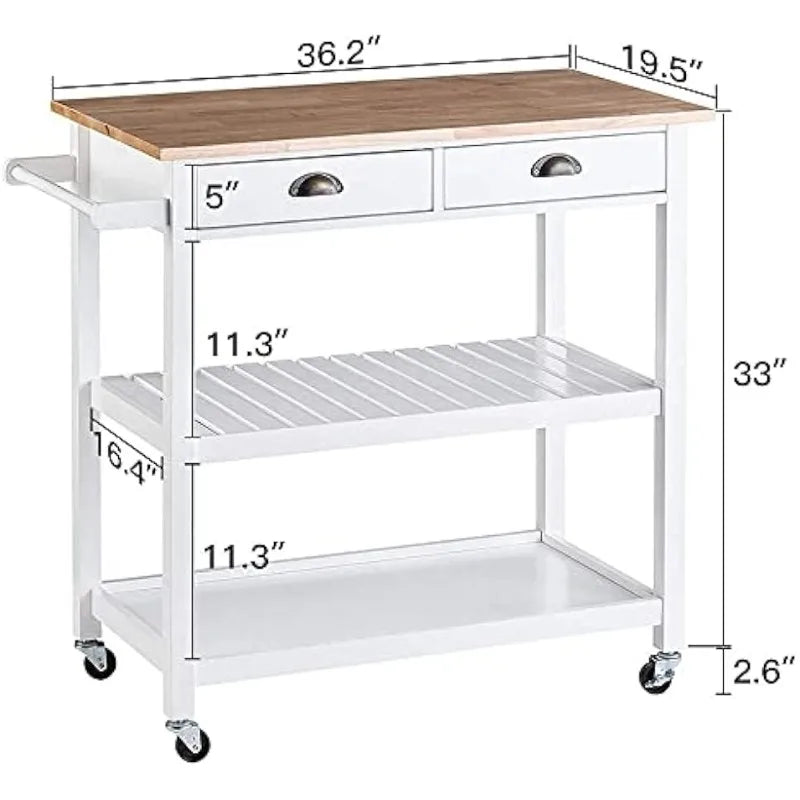 ChooChoo Rolling Kitchen Cart, Portable Kitchen Island Wood Top Kitchen Trolley with Drawers and Two-Tier Open Shelf