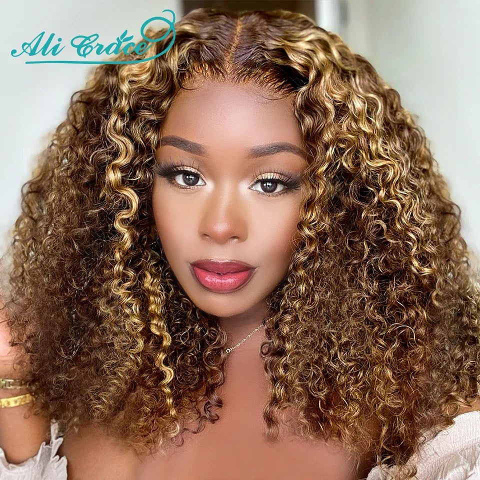 Ali Grace Highlight Brown Curly Bob Wig Brazilian 4X4 Lace Closure Human Hair Wigs P4/27 Ombre Color Kinky Curly Short Bob Wigs