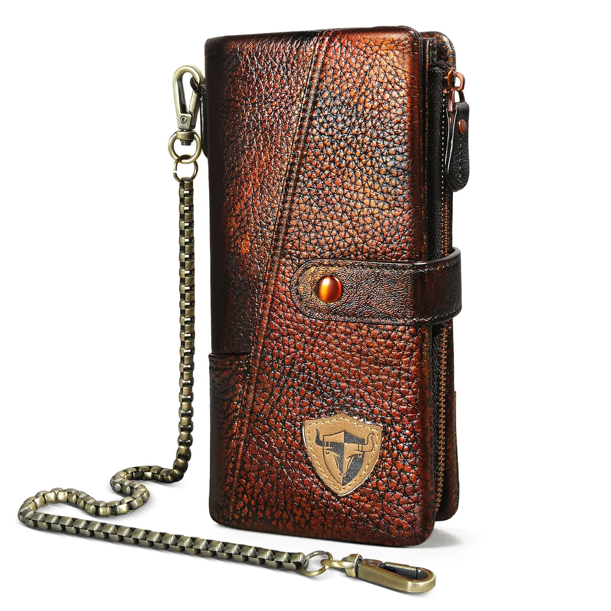 Hot Sale Real Cowhide Leather Travel Business Organizer Chain RFID Wallet For Men Long Zipper Male Purse Card Holder 1803