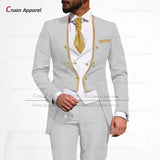 Latest Royal Blue Suit Men 3Pcs Slim Fit Wedding Best Man Groom Tuxedo Double Breasted Gold Trim Jacket Vest Pants Set Tailcoat