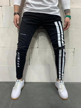 Stripe printing Jeans Men Cotton Stretchy Ripped Skinny Jeans High Quality Hip Hop Black Hole Slim Fit Oversize Denim Pants