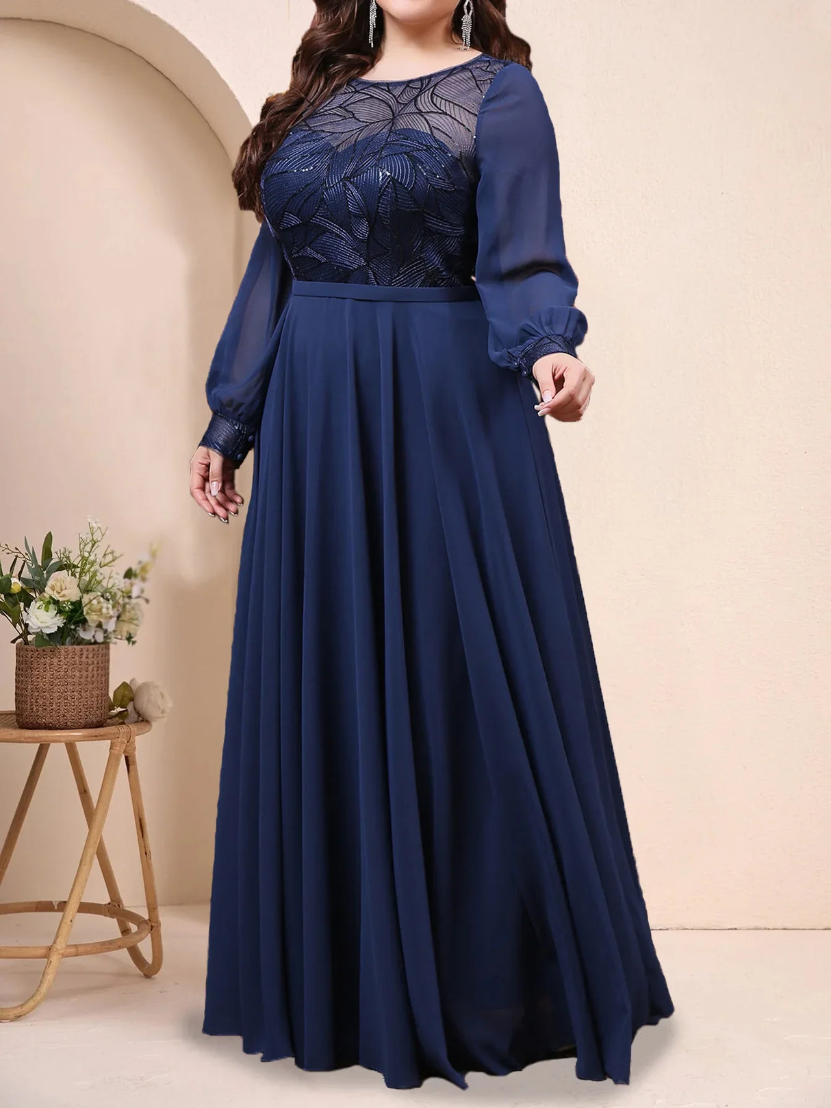 Plus Size Elegant Dress Round Neck Chiffon Mesh Sequins Long Sleeve Evening Gowns Large Fashion Party Wedding Bridesmaid Dresses