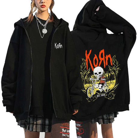 Korn Rock Band Sweatshirts WORLD TOUR Hoodies Cartoon Vintage Metal Gothic Streetwear Zip Up Jackets Tops Fleece Oversized Coats