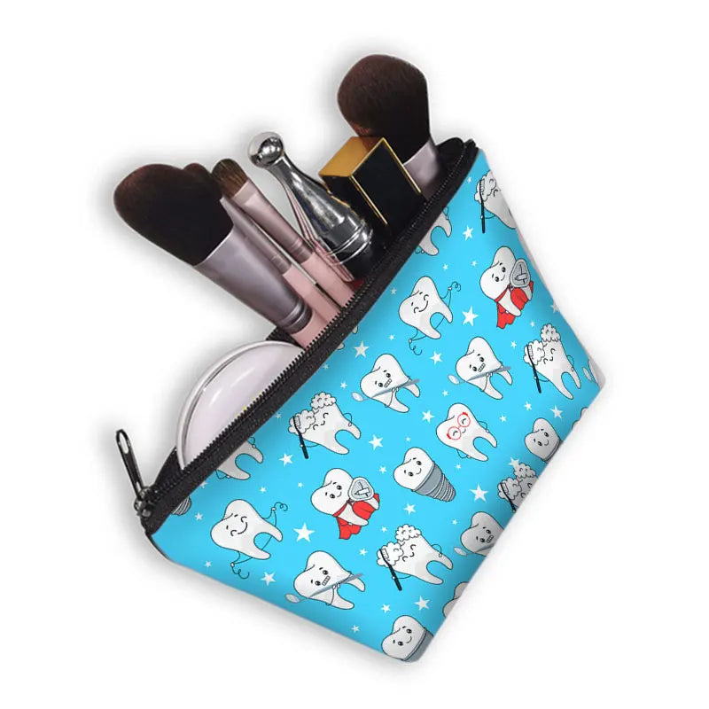 Cartoon Teeth and Tooth Fairy Print Cosmetic Case Women Makeup Organizer Dental Hygienist Girls Storage Bags Ladies Make Up Bag