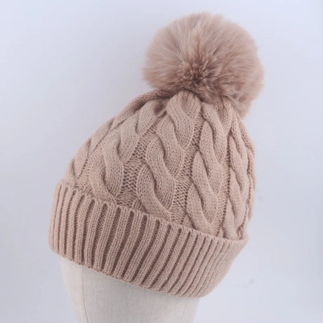 Warm Fleece Lined Hat Women Winter Beanies Cable Knitted Pom Pom Hat Plain Skullies Olive Green Black Grey White Beige Pink