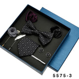 Black Mens Neck Tie Gift Set Bowtie Pocket Square With Brooches Cufflinks Tie Clip 8-pieces Suits Silk Tie Accessories For Men